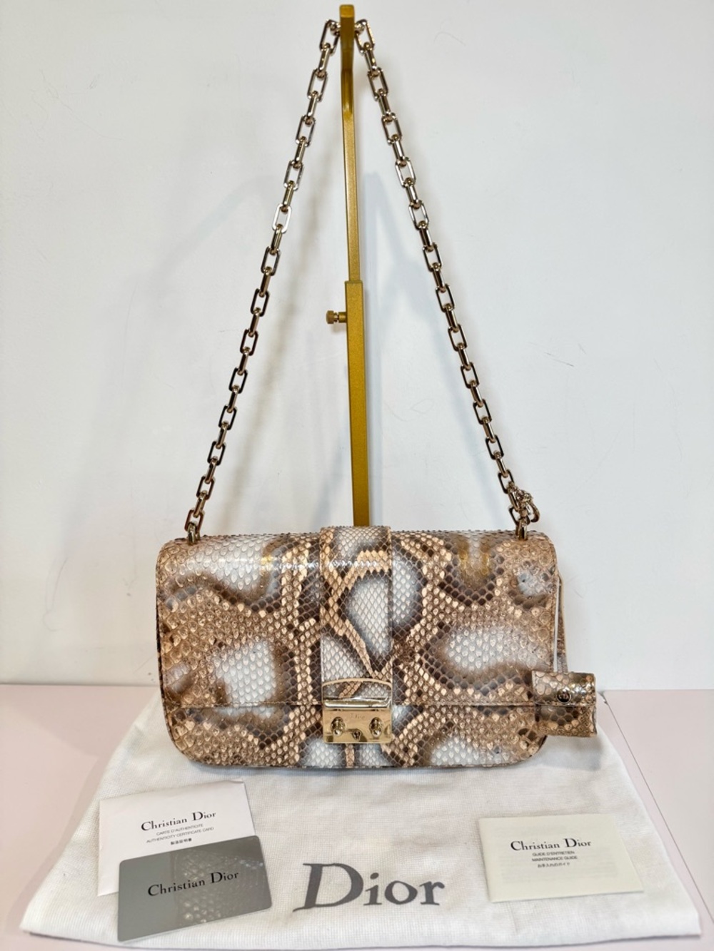 Christian Dior Perle Bronze Python Miss Dior Medium Flap Bag W Gold Chain Strap